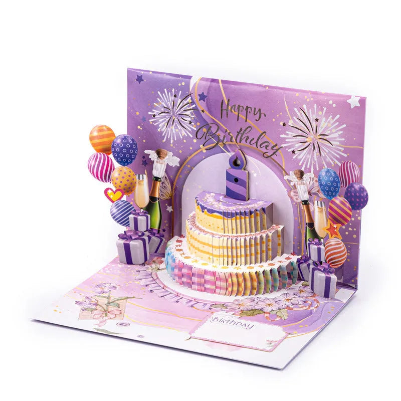 Chinese ink style 3D blowing cake greeting card with light music elements, manual folding construction