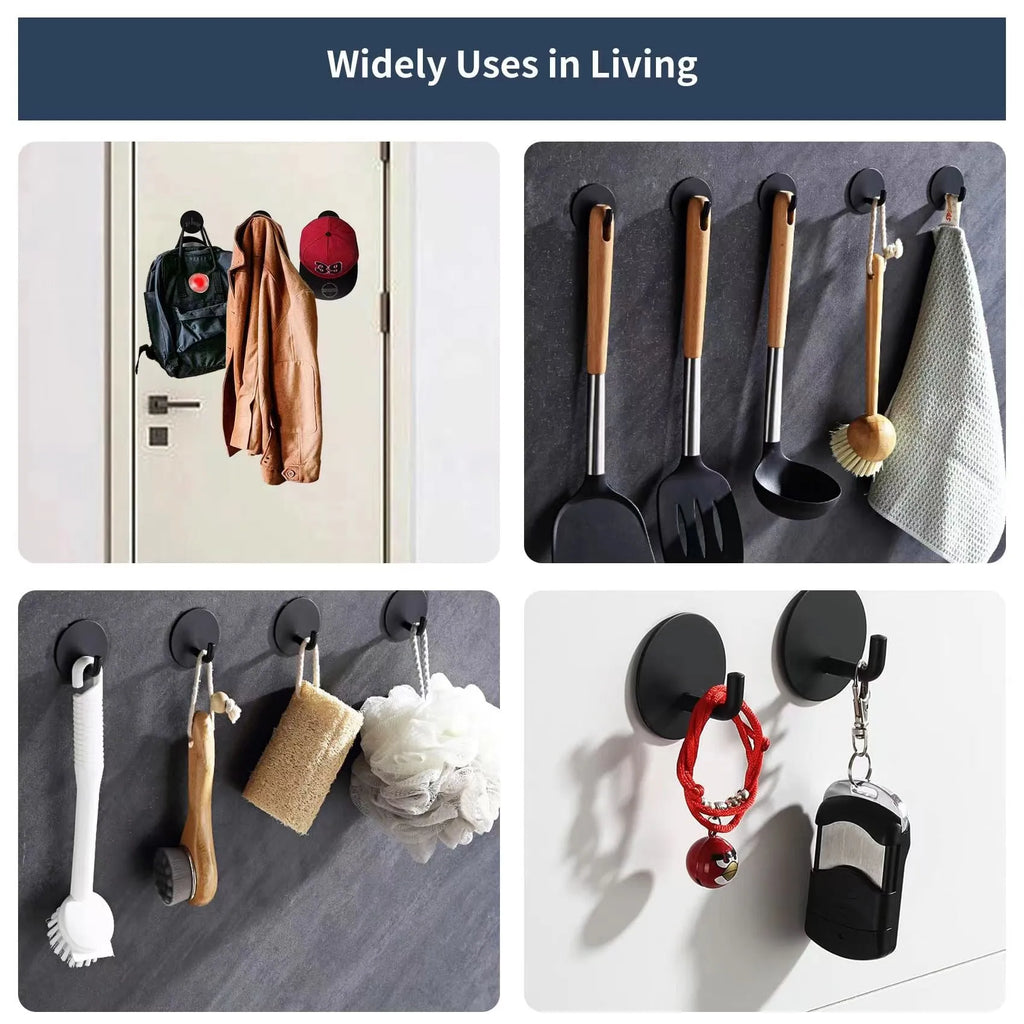 Stainless steel self-adhesive round wall hook shown in black and polished finishes.