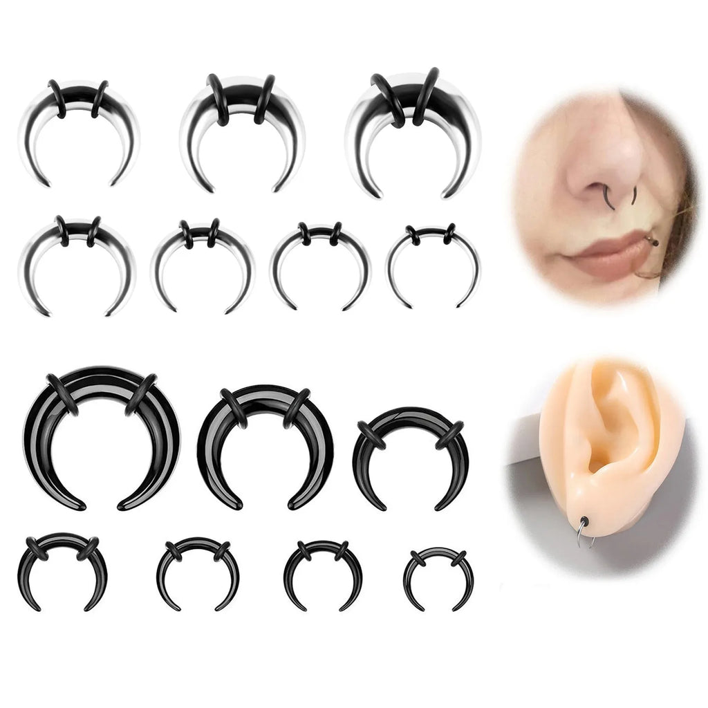 C-shaped nose ring in 316 stainless steel with buffalo horn elements showing multiple size options