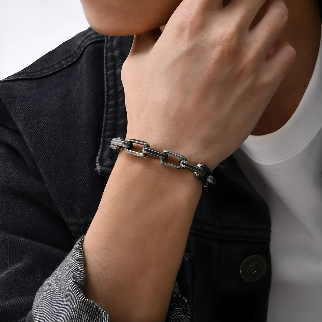 Men's titanium steel bracelet with a square chain design in a choice of gold, black, steel, or retro colour.