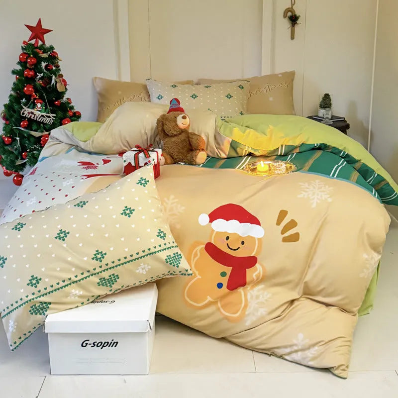 Christmas-themed cartoon printed duvet cover and pillowcase set on a bed, showing Gingerbread Man pattern.