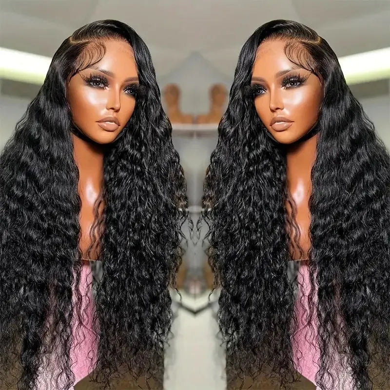 Women's black lace wig with small roll wound tube afro curly style, shown at long length.