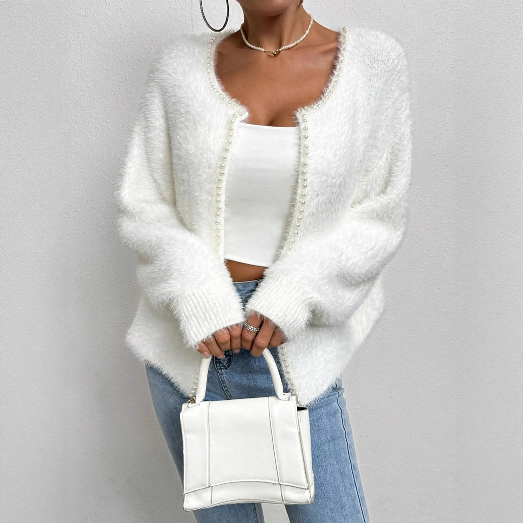 White women's V-neck cardigan sweater with medium thickness and normal length