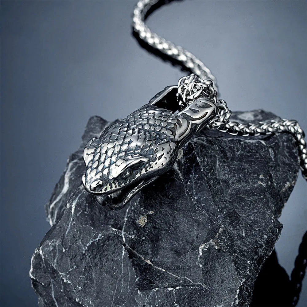Retro geometric snake head pendant necklace for men on a leather chain