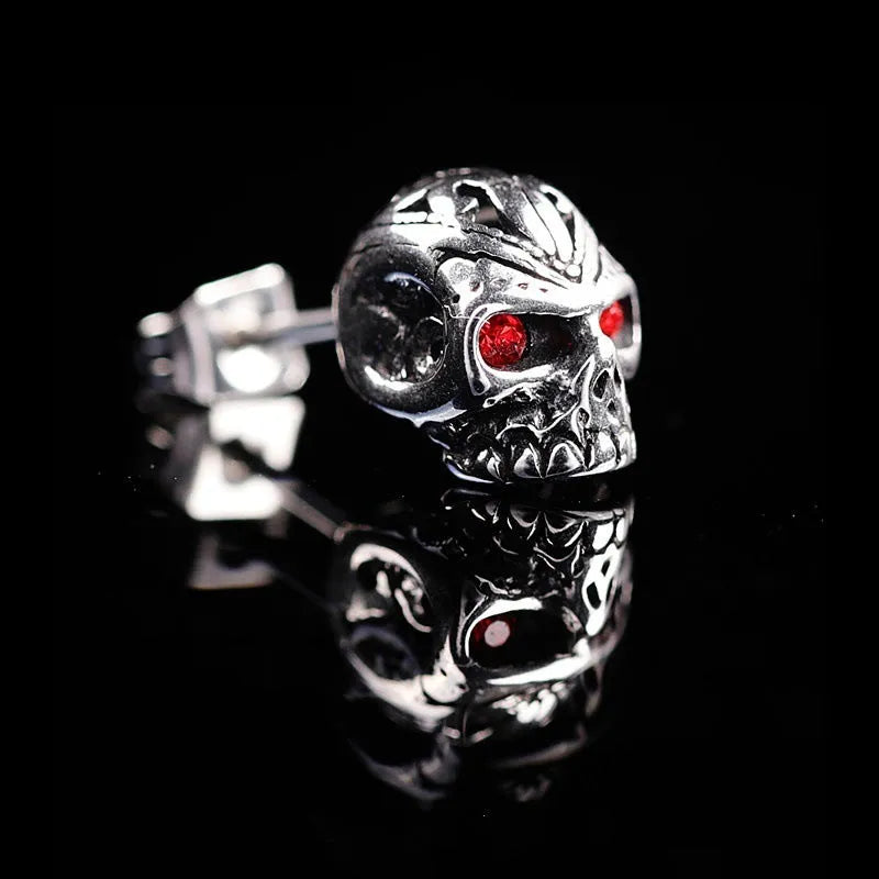 Retro red eye skull stud earrings with ghost head design and stone inlay