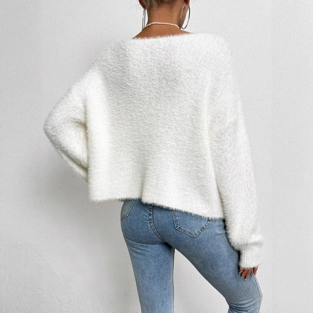 White women's V-neck cardigan sweater with medium thickness and normal length