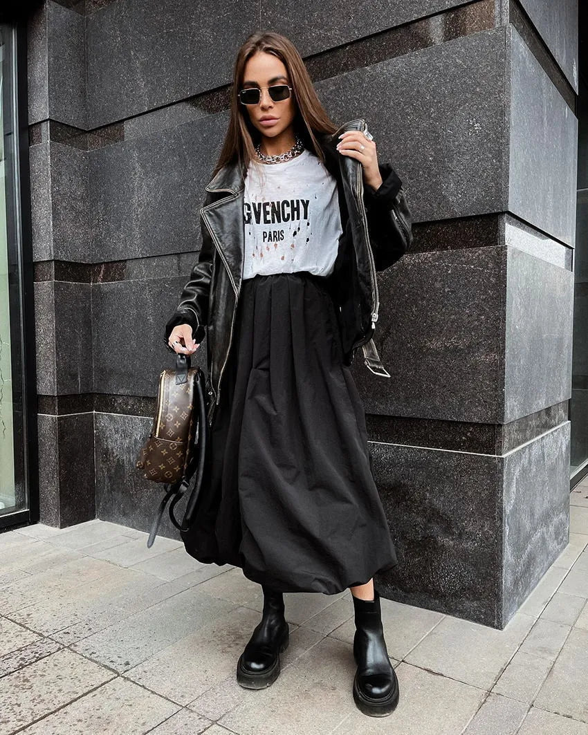 Women's solid colour cotton long skirt in black or white with casual girlish style