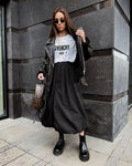 Women's solid colour cotton long skirt in black or white with casual girlish style