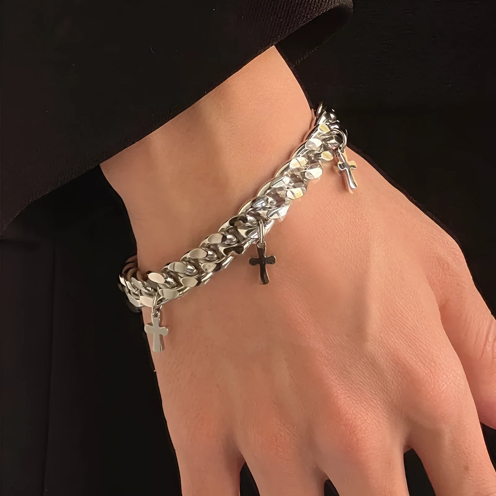 Men's titanium steel bracelet with a geometric shape and a central cross pendant.