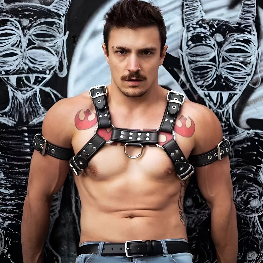 Black leather chest muscle bondage strap with metal buckle fastening system