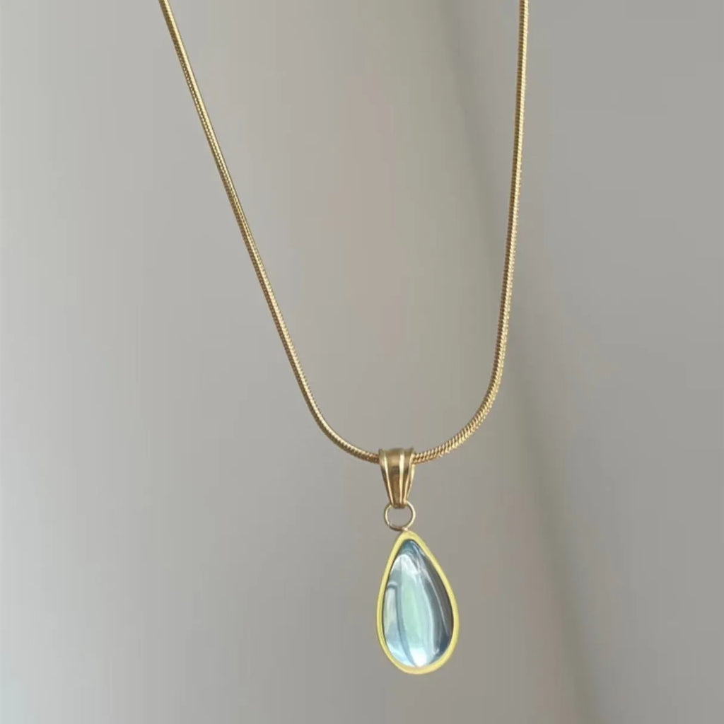 Retro blue and green water drop pendant necklace with titanium steel snake chain