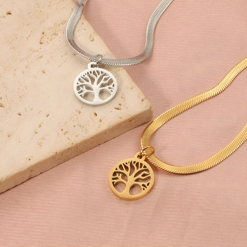 Stainless steel lucky tree necklace with snake bones chain, shown in gold and steel colour options.