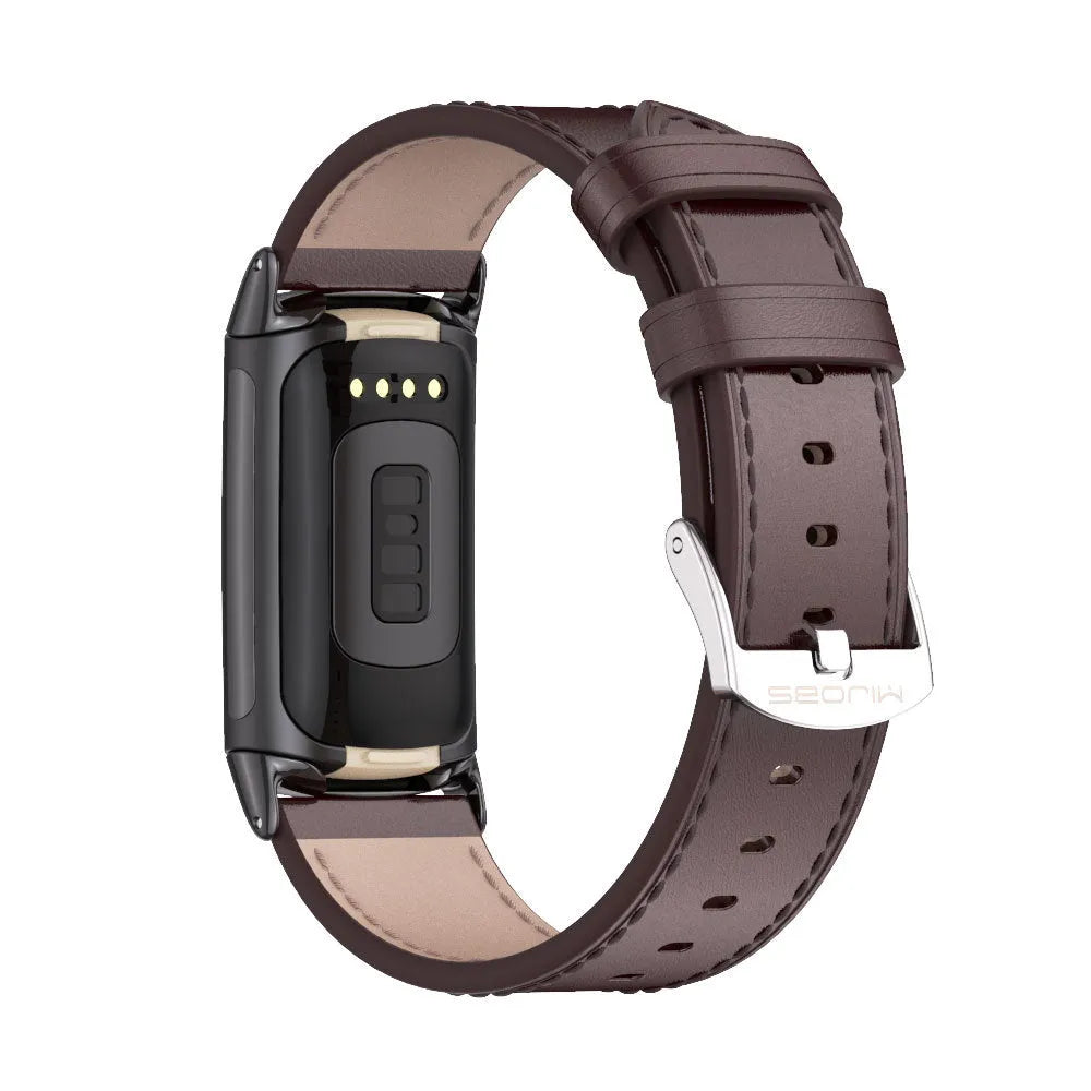 Microfiber leather watch strap for Fitbit Charge 6/5 in black with metal linker