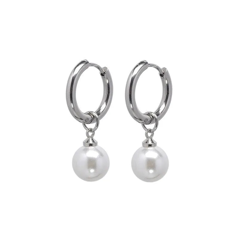 Geometric women's pearl drop earrings with alloy frame and titanium steel fittings.