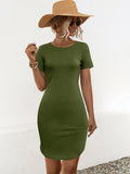 Women's slim fit short sleeve dress with U-neck and side split in Army Green colour.