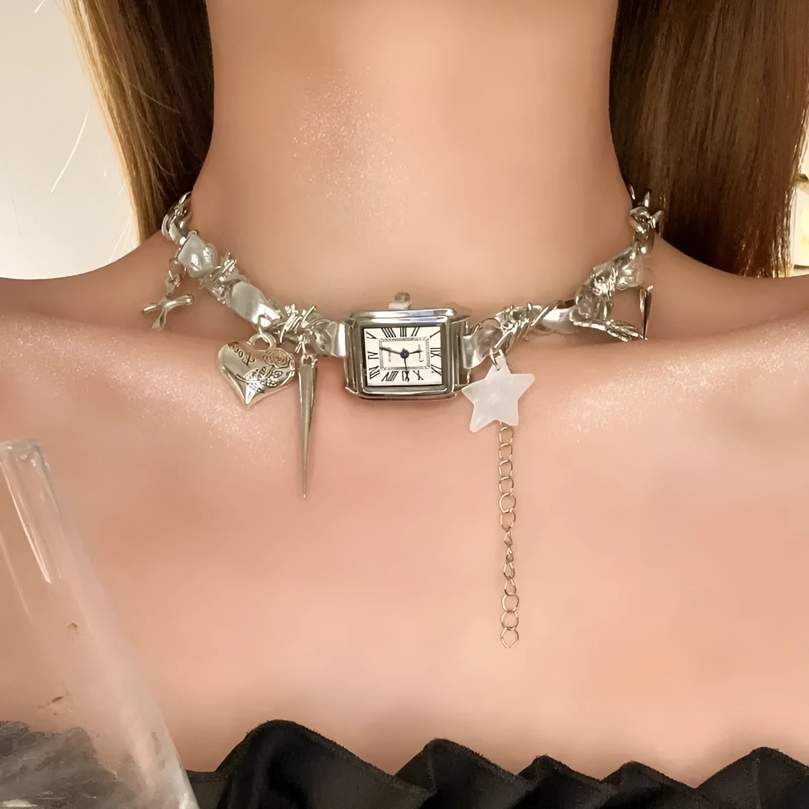 Dark style multi-layer cross necklace with twin clavicle chains showing electroplated alloy construction