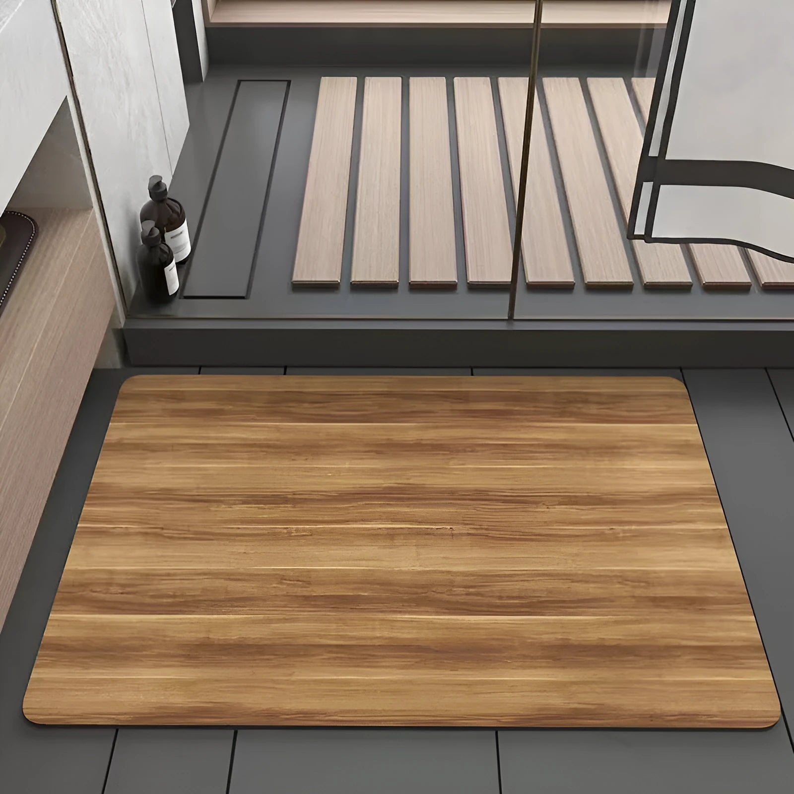 Square diatomaceous earth bathroom floor mat with geometric pattern and wood-grain colour design.