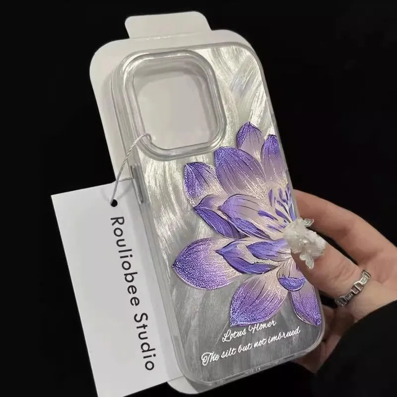 Blue Lotus pattern hard protective case for iPhone on a white background.