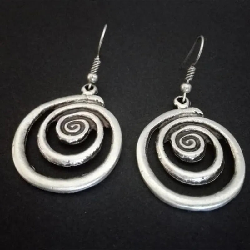 Geometric spiral distressed silver earrings with retro bohemian style