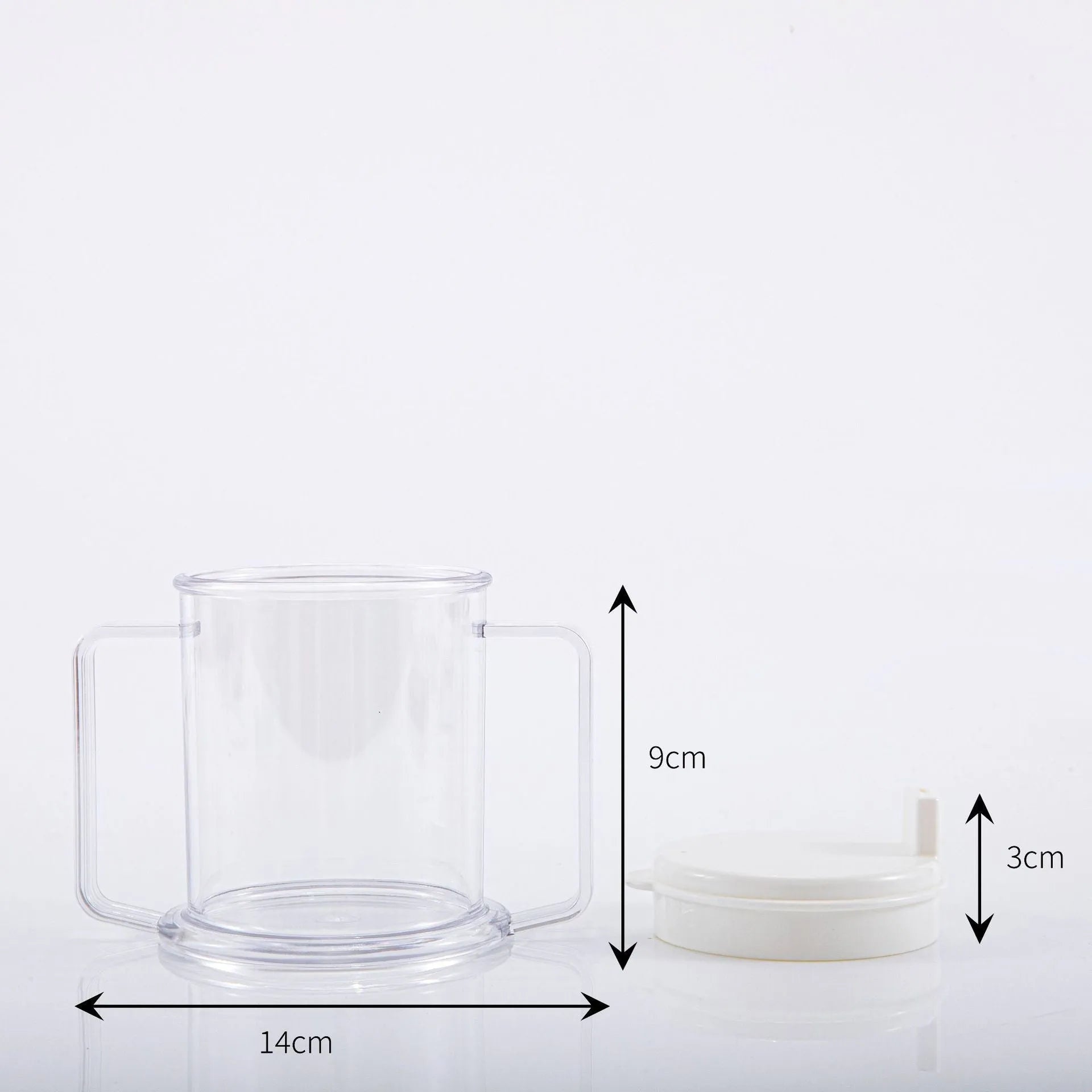 Transparent plastic drinking cup with spill-proof design on a plain background.