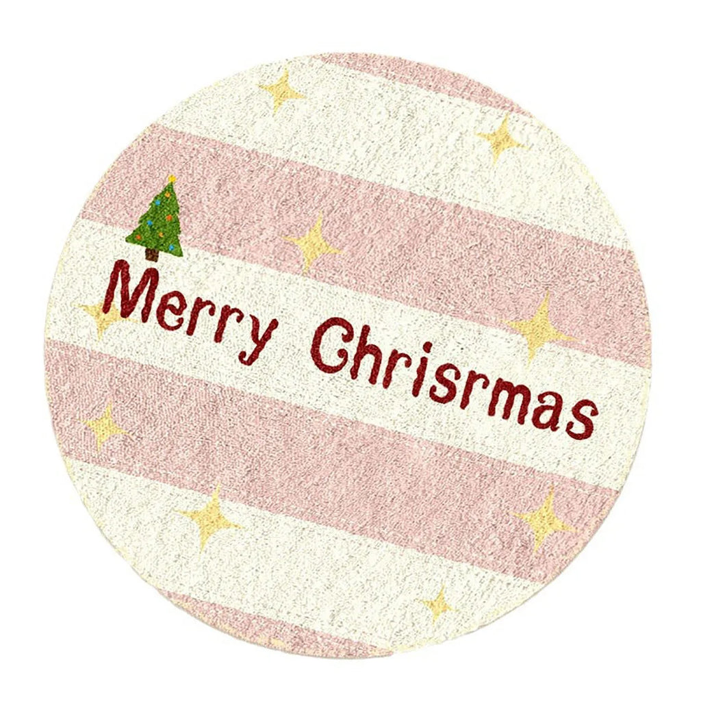 Round green Christmas carpet with alien shape design, soft imitation cashmere material, festive floor mat.