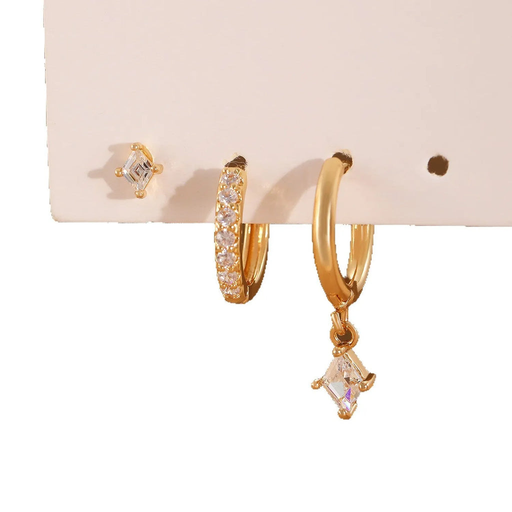 Geometric ladies earring set with zircon detailing in gold and white colours