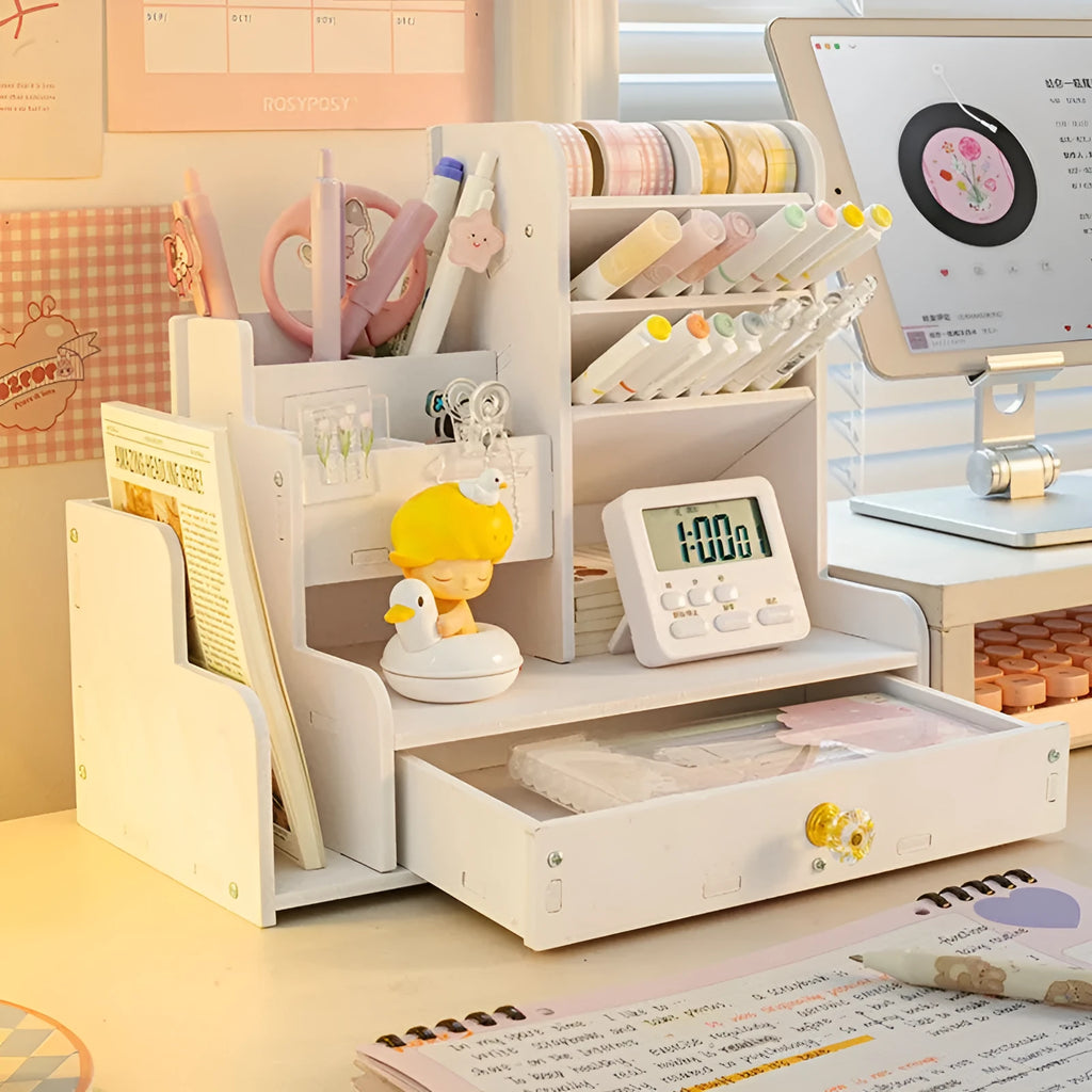 Square plastic pen storage box with oblique insertion slots and multiple grid compartments