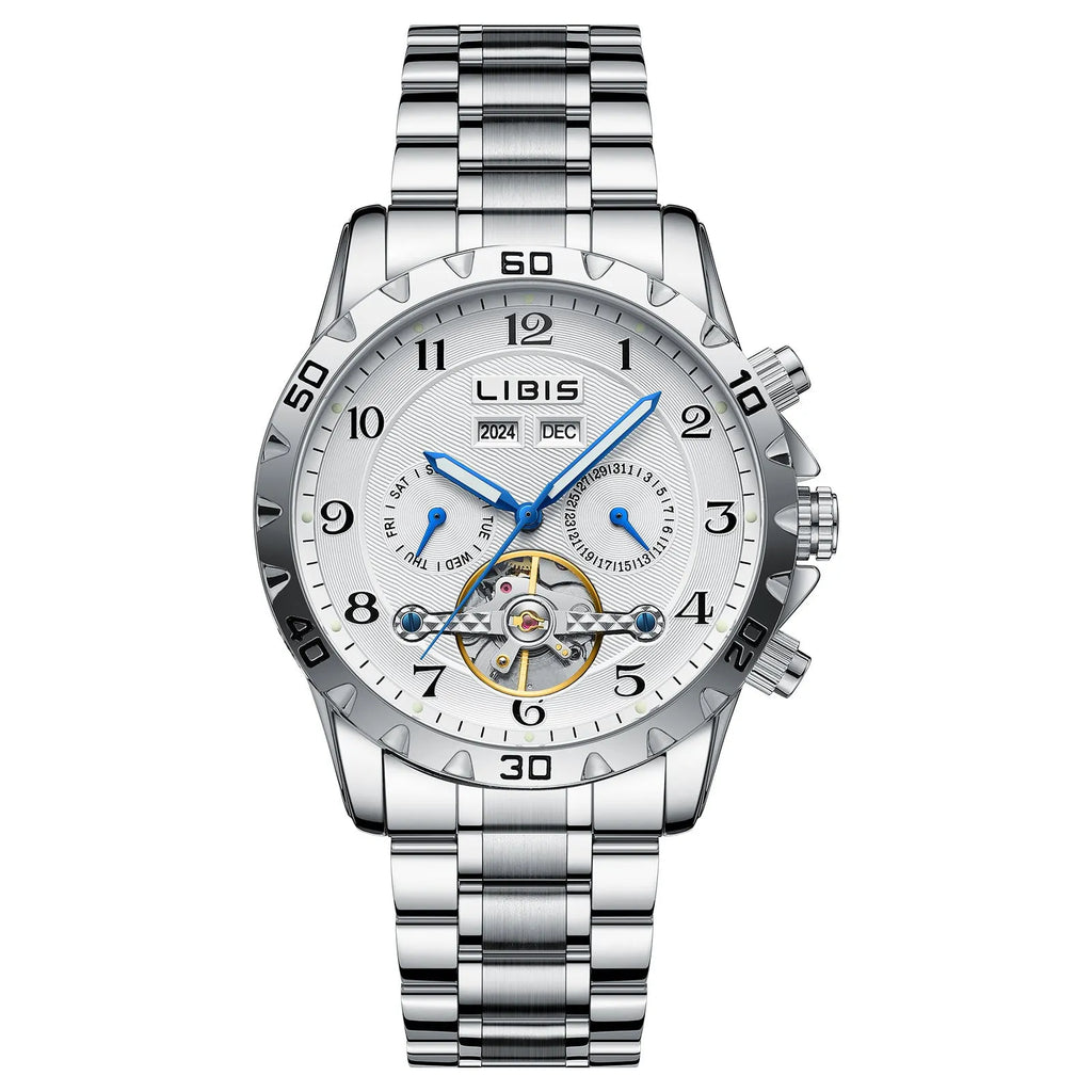 Men's silver automatic perpetual calendar watch with stainless steel bracelet and sapphire crystal glass.