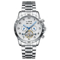 Men's silver automatic perpetual calendar watch with stainless steel bracelet and sapphire crystal glass.
