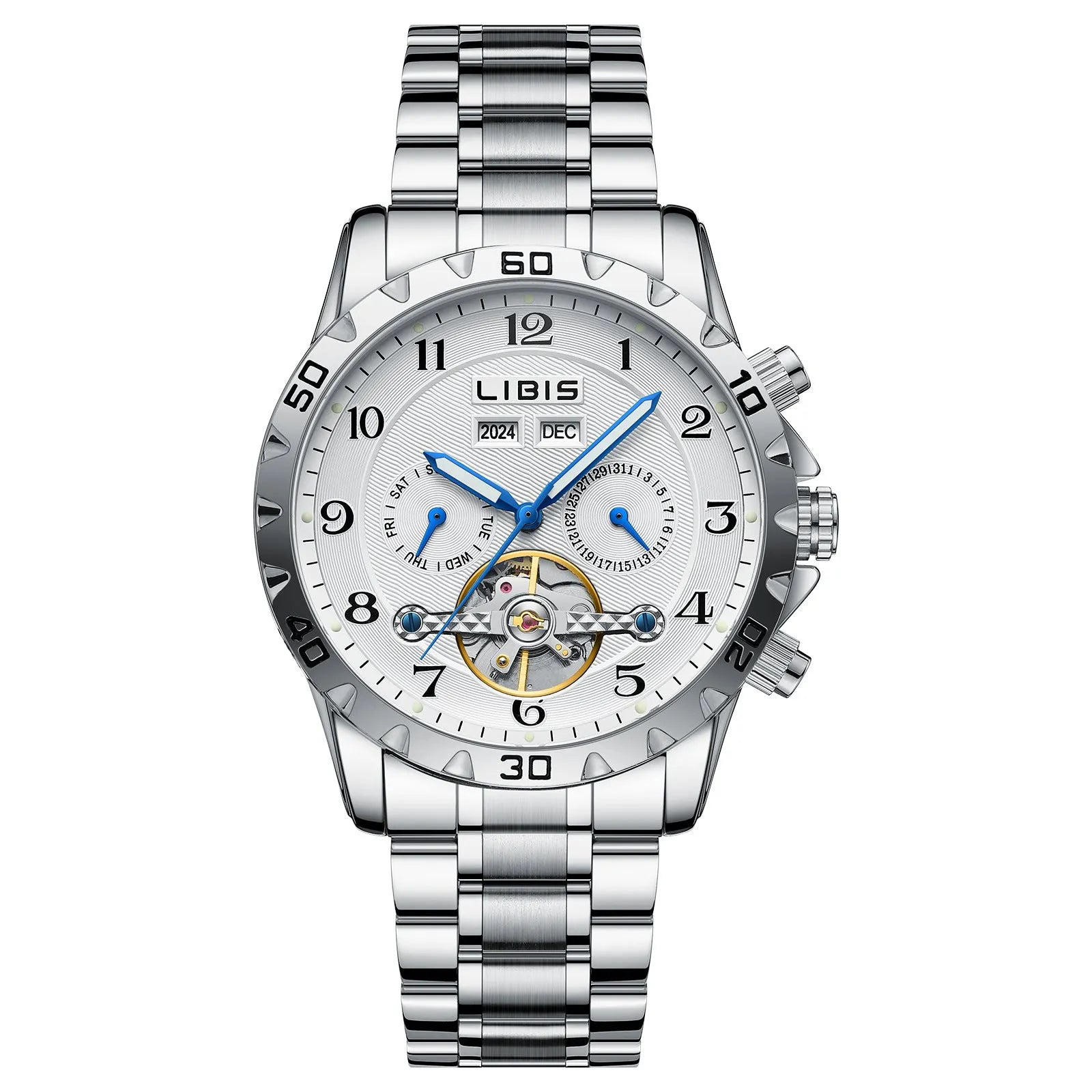 Men's silver automatic perpetual calendar watch with stainless steel bracelet and sapphire crystal glass.