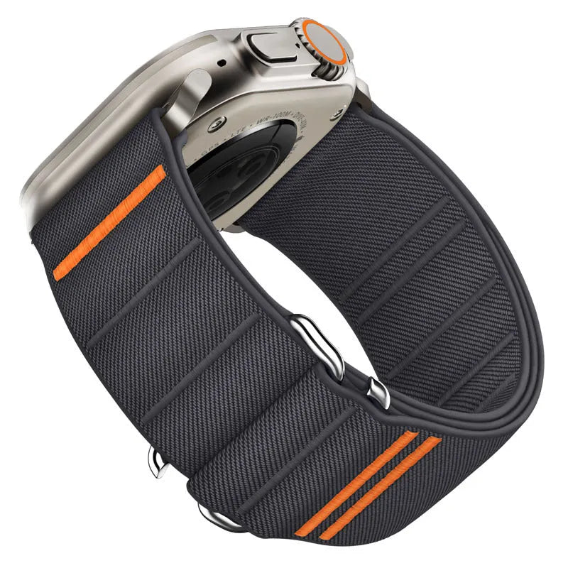 Elastic nylon Apple Watch replacement band with stainless steel buckle in Army Green colour