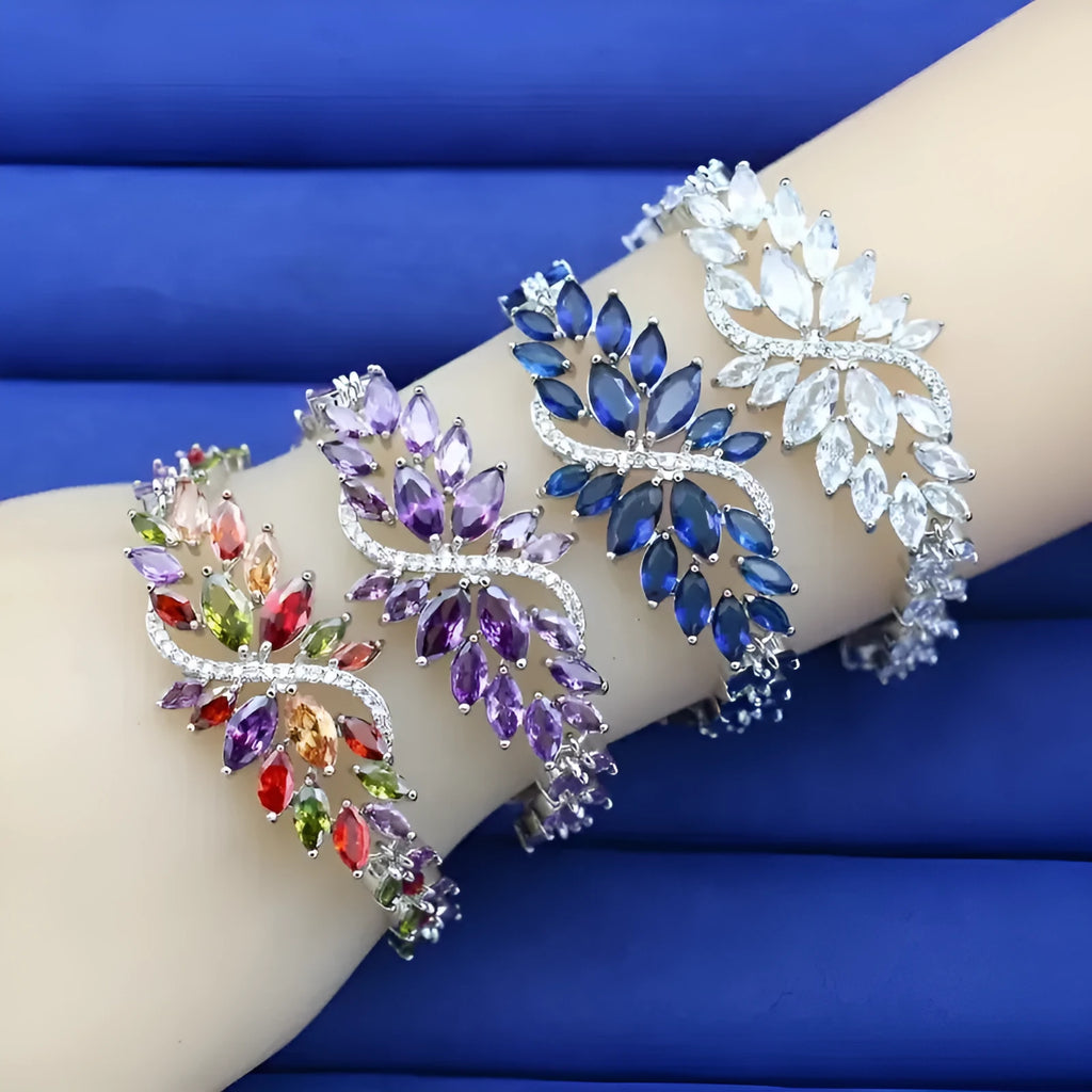 Copper bracelet with gold electroplating, micro inlaid zircon stones and ice flowers design in multiple colour options