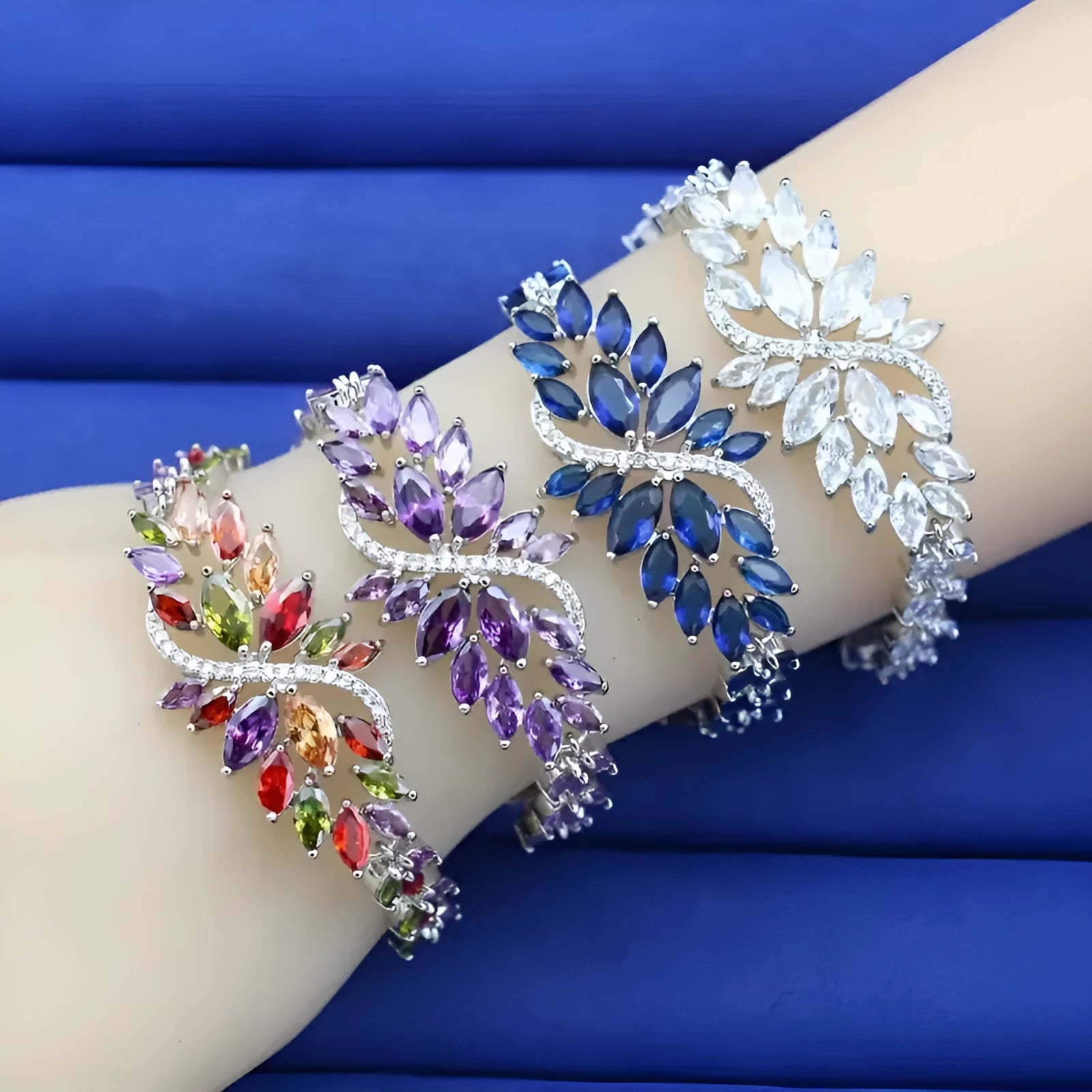 Copper bracelet with gold electroplating, micro inlaid zircon stones and ice flowers design in multiple colour options