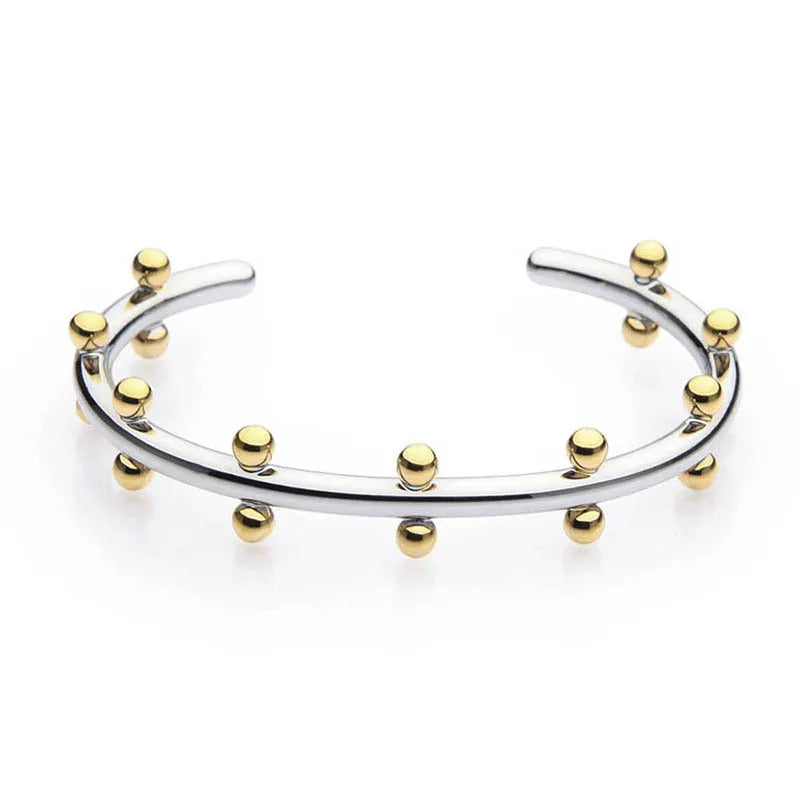 Stainless steel C-shaped bean bead with rivet texture in gold and steel colours for bracelet making.