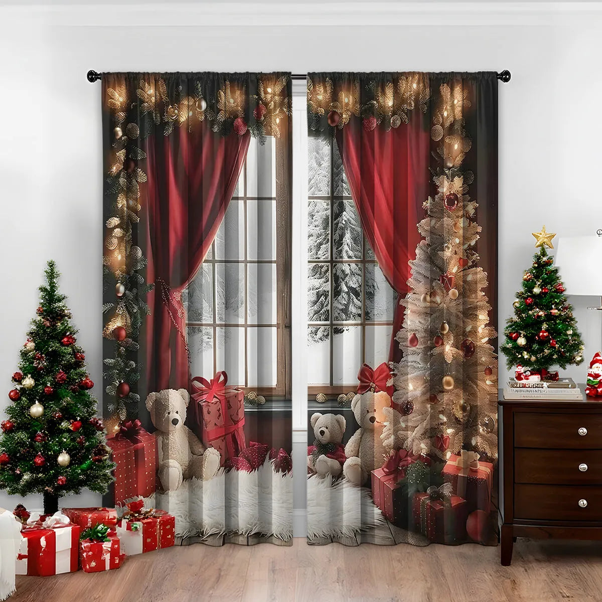 Pair of 3D digitally printed Christmas theme curtains in a red and green European style pattern.