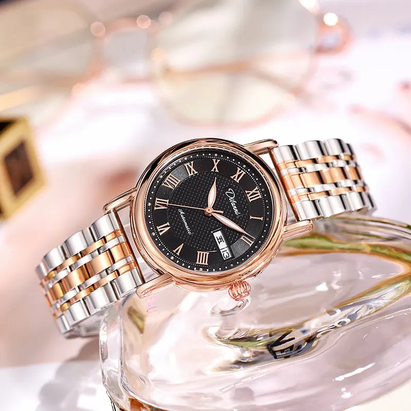 Automatic women's mechanical watch with 12mm case on steel or leather strap in various colours.