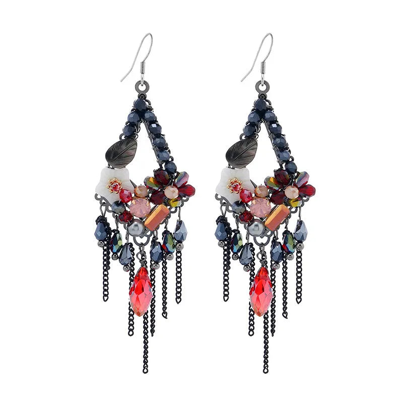 Women's hand-woven Bohemian earrings with artificial crystal and alloy in red and black, champagne, and amethyst colours