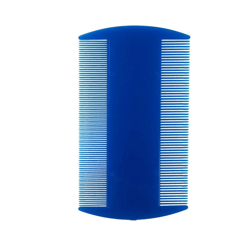 White dual-edge fine-toothed plastic comb for removing lice and fleas, shown on a blue background.