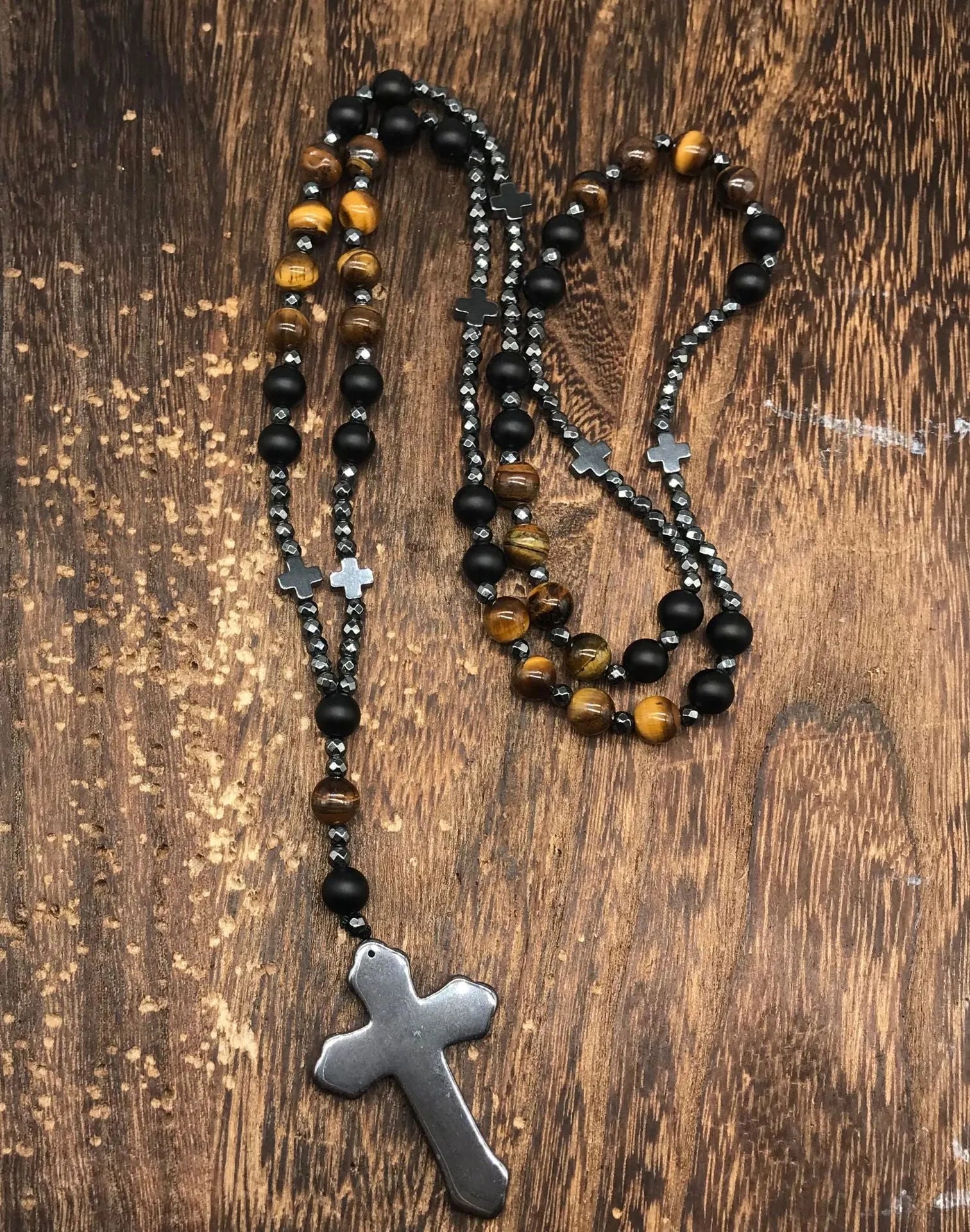 Men's stone cross pendant necklace on a ball bead chain with safety lock, 80cm length.