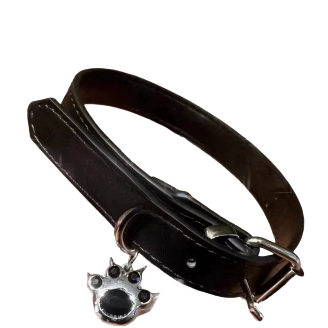 Black adjustable leather dog collar with decorative bone charm on a regular chain