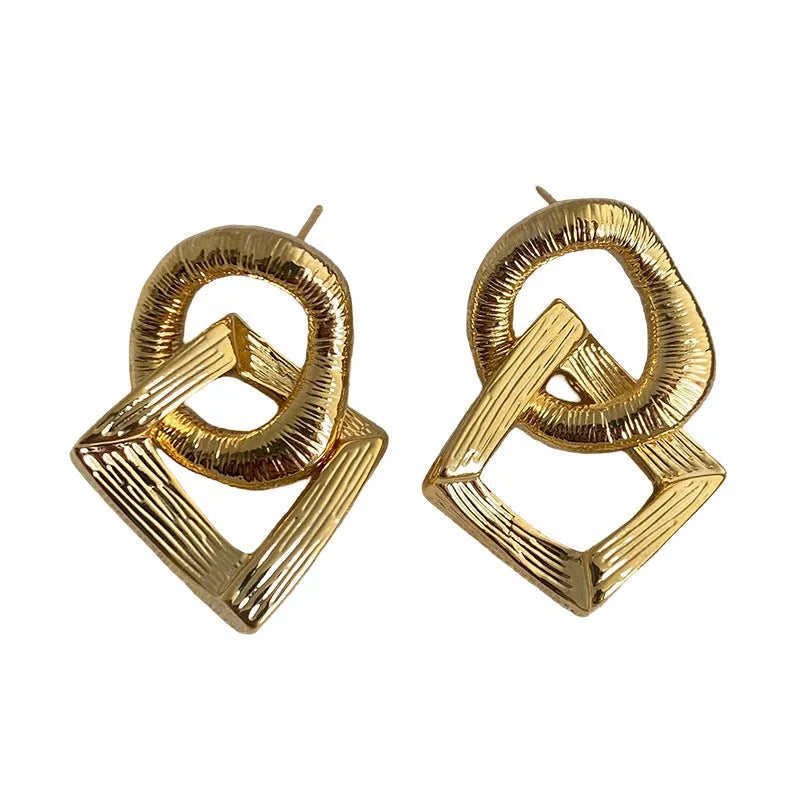 Gold retro geometric circle drop earrings for women, 3.4cm long.
