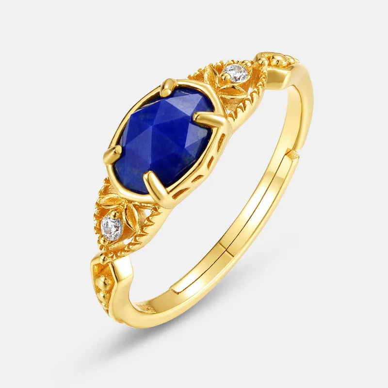 Silver alloy ellipse ring with natural lapis lazuli stone Japanese style women's jewellery