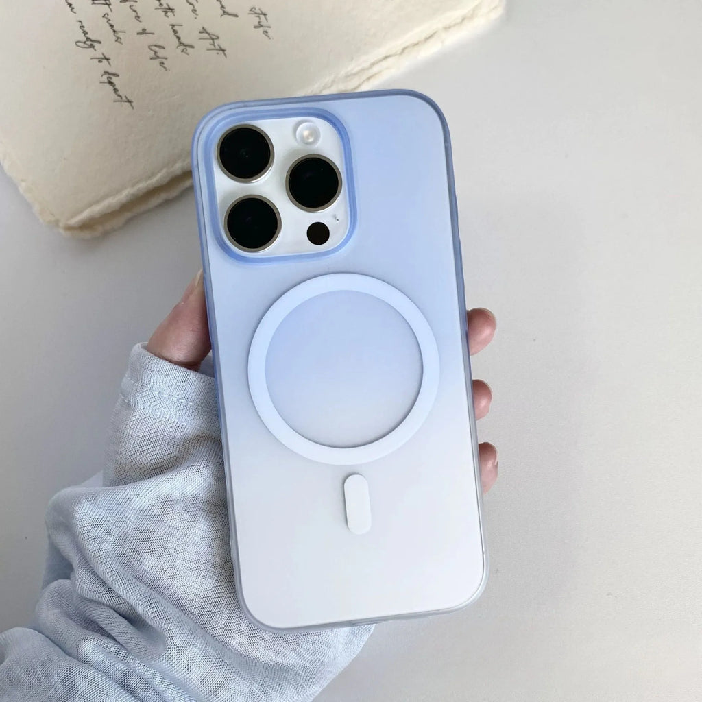 Frosted gradient blue magnetic suction case for iPhone on a white background