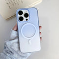 Frosted gradient blue magnetic suction case for iPhone on a white background