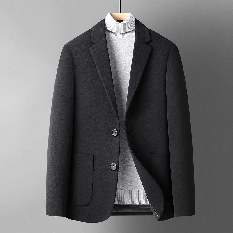 Men's slim-fit wool blend suit jacket in grey on a hanger