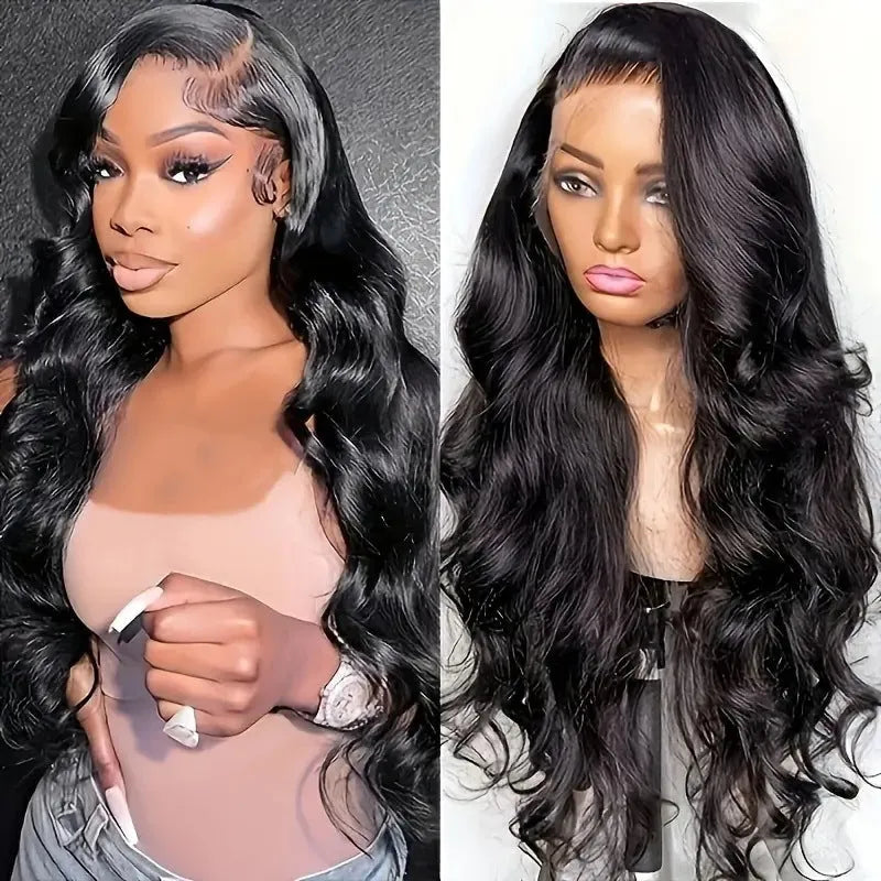 Black synthetic lace front wig with big wave styling, shown on a wig stand.