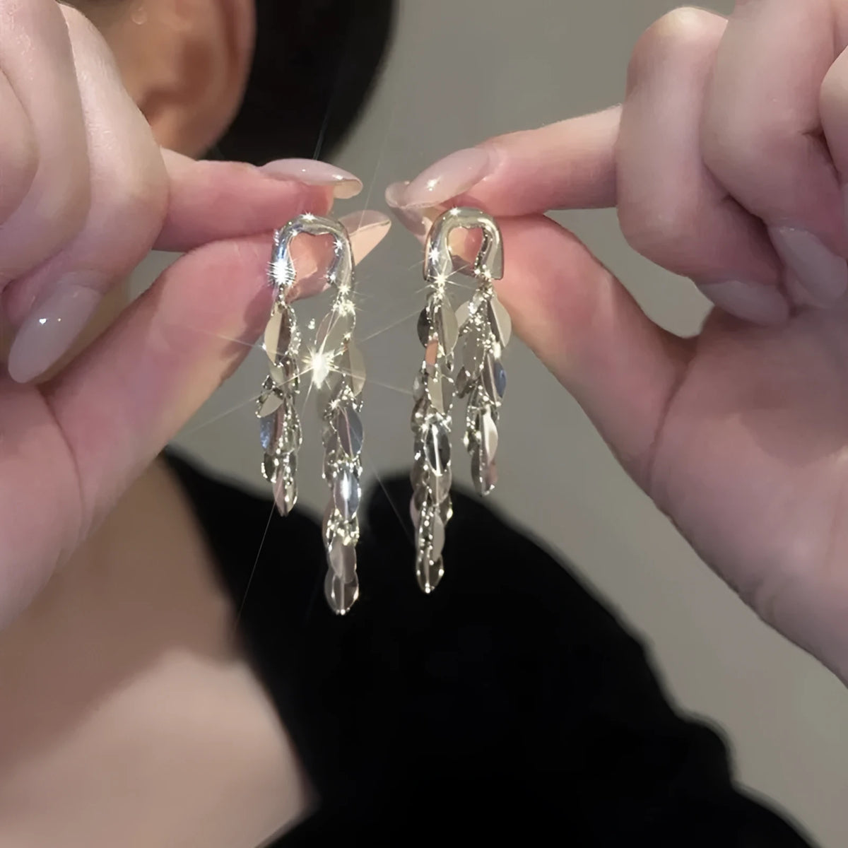 Silver wheat earrings with long fringe tassel and geometric metal design, electroplated drop earrings for women