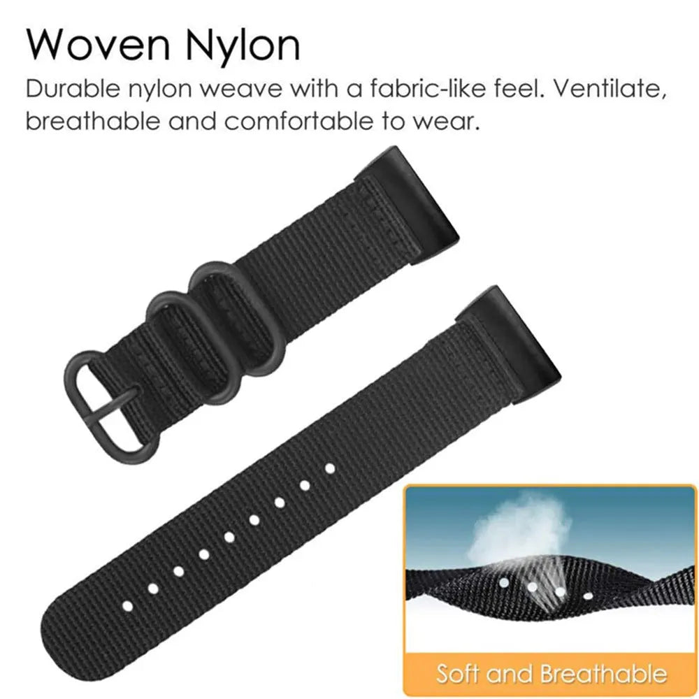 Army Green nylon replacement strap with three-ring buckle for Fitbit Charge 2, 3, 4, and 5 fitness trackers.