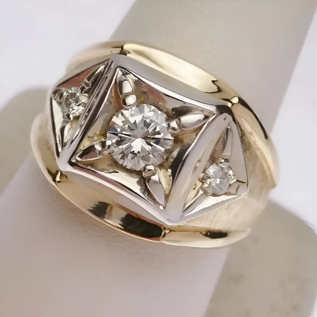 Geometric wide face copper couple rings with hollow square patterns in gold colour