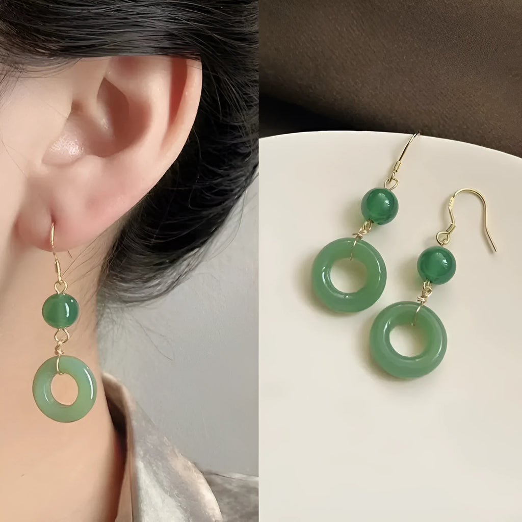 Green jade design earrings with peace buckle shape in Chinese style geometric form